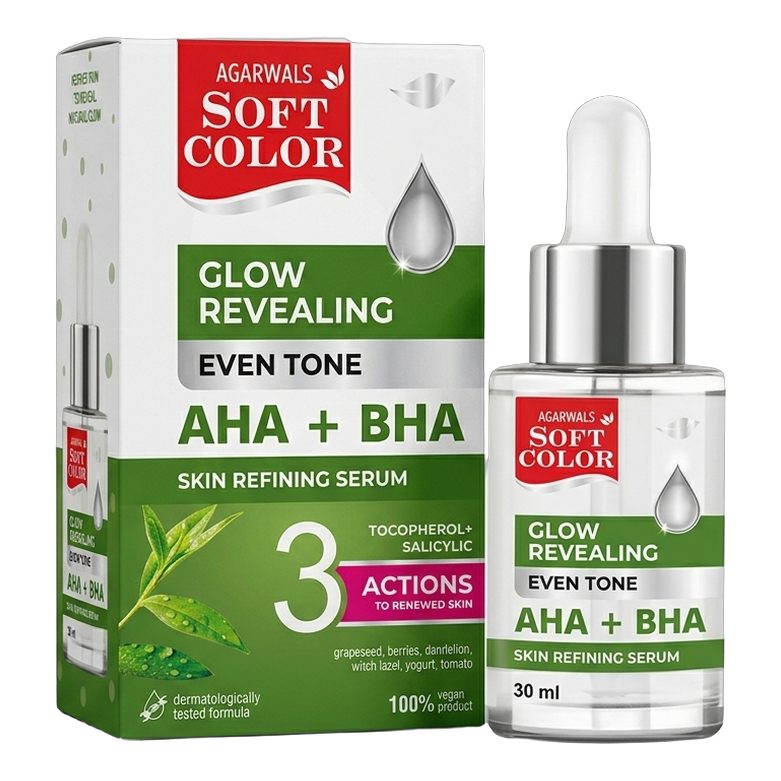 AHA + BHA - Glow Revealing Face Serum Packaging Box and Dropper Bottle