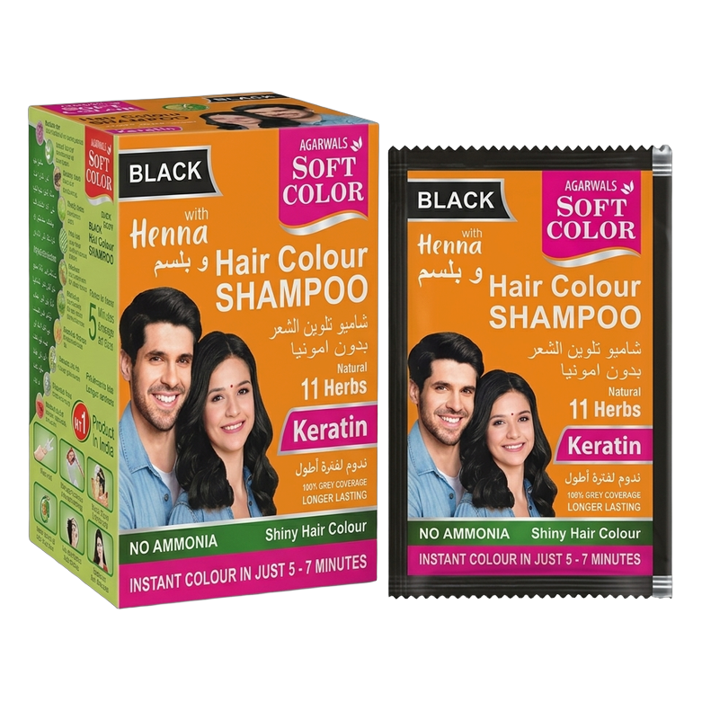 Hair Colour Shampoo (Keratin) – Black Authentic Box and Sachet Packaging