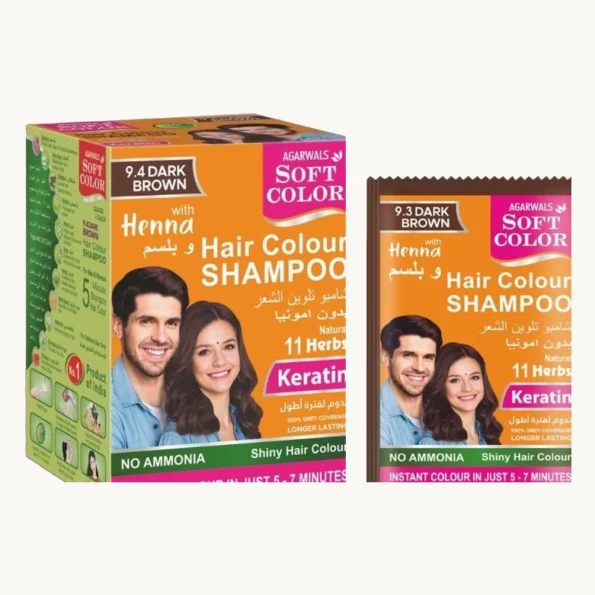 Hair Colour Shampoo (Keratin) – Dark Brown Box and Sachet Studio Presentation